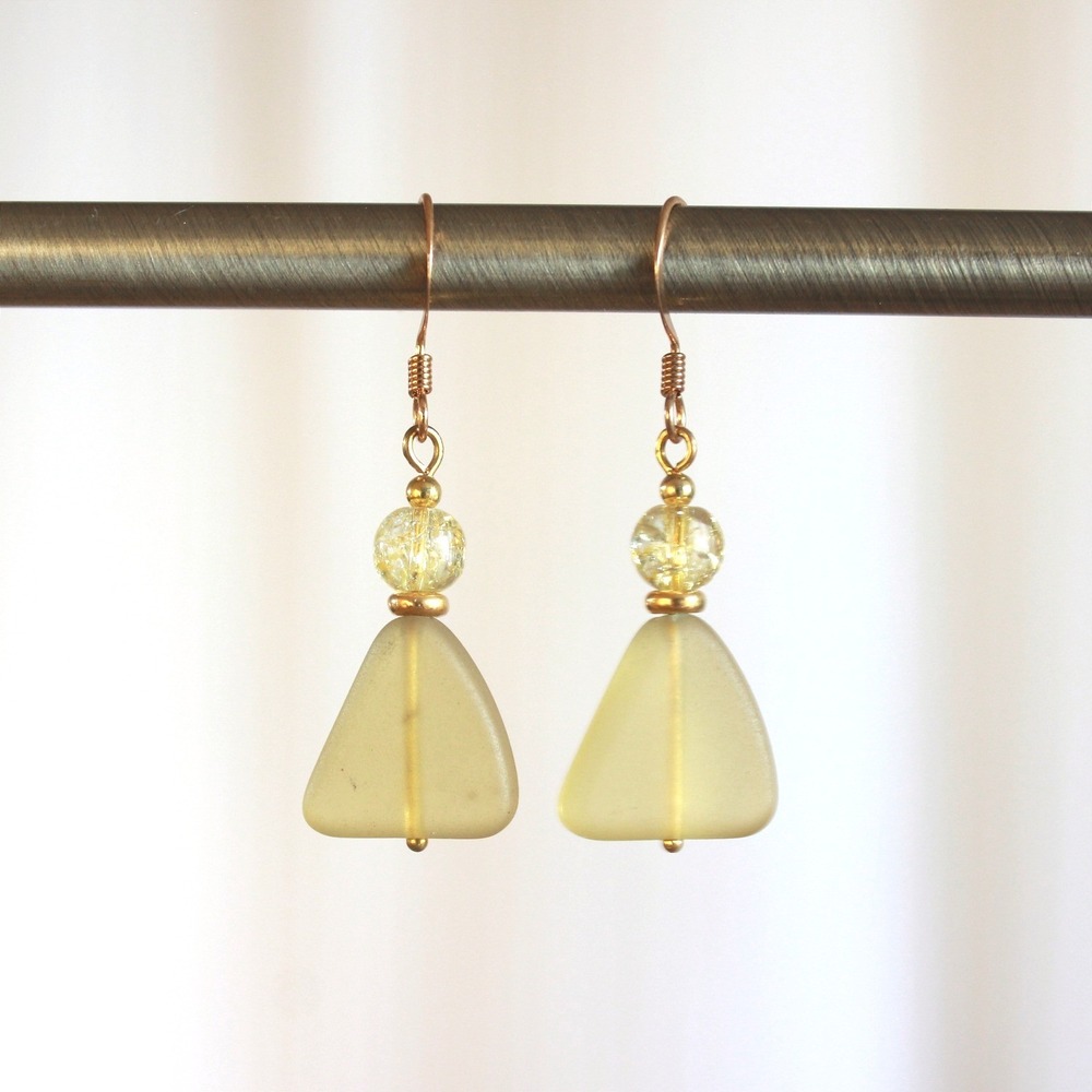 Handmade Yellow‎ Frosted Sea Glass Triangle Drop Earrings Gold Tone Crackle Bead